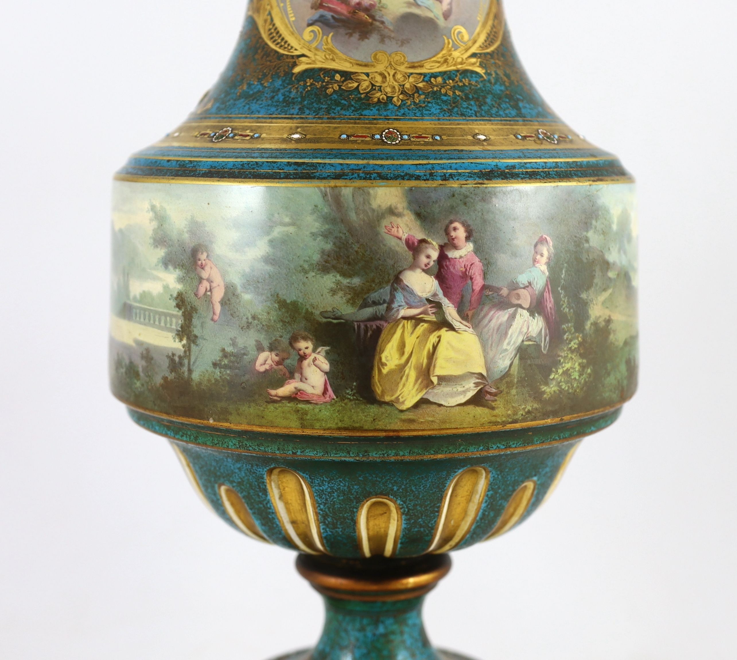 A large Sevres style porcelain ormolu mounted vase and cover, late 19th century, 61.5cm high, stained